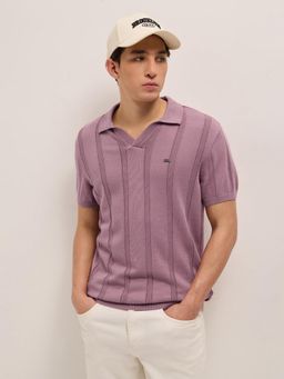 The Bear House - Mens Pink Slim Fit Cotton Knitted Stripes Polo T-Shirt
