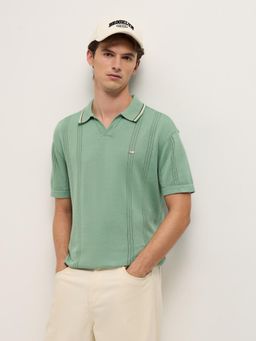 The Bear House - Mens Green Relaxed Fit Cotton Knitted Stripes Polo T-Shirt