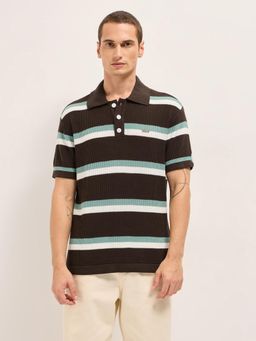 The Bear House - Mens Multicolor Relaxed Fit Cotton Knitted Horizontal Stripes Polo T-Shirt