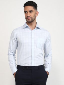 Raymond - Slim Fit Checkered Medium Blue Full Sleeve Pure Cotton Shirt