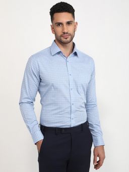 Raymond - Slim Fit Checkered Medium Blue Full Sleeve Pure Cotton Shirt
