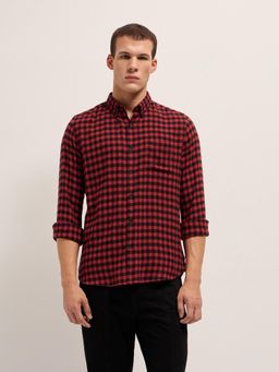 The Bear House - Mens Red Slim Fit Gingham Plaid Check Cotton Flannel Shirt