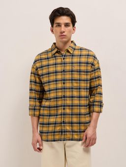 The Bear House - Mens Yellow Relaxed Fit Tartan Check Cotton Flannel Shirt