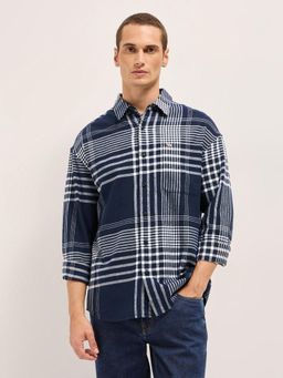 The Bear House - Mens Blue Relaxed Fit Madras Check Cotton Flannel Shirt