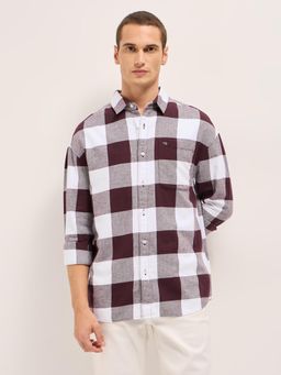The Bear House - Mens Maroon Relaxed Fit Buffalo Check Cotton Flannel Shirt