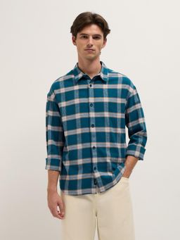 The Bear House - Mens Teal Relaxed Fit Glen Check Cotton Flannel Shirt