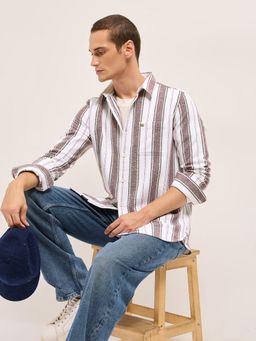 The Bear House - Mens White Slim Fit Awning Stripes Flannel Shirt