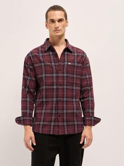 The Bear House - Mens Maroon Relaxed Fit Window Panel Check Flannel Shirt