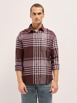 The Bear House - Mens Maroon Relaxed Fit Cotton Madras Check Shirt