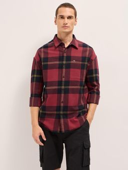 The Bear House - Mens Red Relaxed Fit Window Panel Check Flannel Shirt
