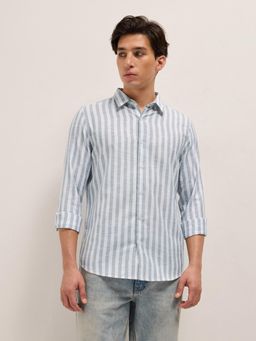 The Bear House - Mens Grey Slim Fit Cotton Vertical Stripe Shirt