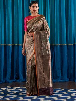 WeaverStory - Handloom Wine Katan Silk Banarasi Saree With Meenakari With Unstitched Blouse