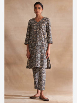 Folksong - Dark Grey Handblock Print Slub Kurta