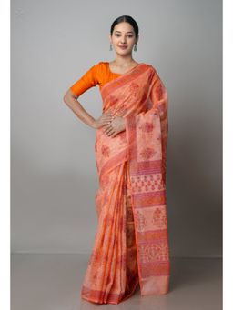Unnati Silks - Orange Pure Block Printed Kota Cotton Saree with Unstitched Blouse