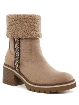 London Rag - Faux Fur & Embroidery Detail Casual Boots Beige