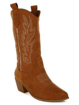 London Rag - Embroidery Detail Cowboy High Ankle Casual Boots Tan