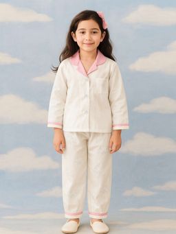 MIRACLE HAPPEN - Miracles Happen Girls White and Pink Collared Full Sleeves Pyjama Set