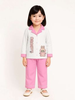 MIRACLE HAPPEN - Miracles Happen Girls White and Pink Labubu Printed Pyjama Set