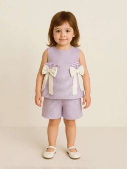 MIRACLE HAPPEN - Miracles Happen Girls Purple and White Checked Bow Detail Shorts Set