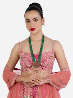Zaveri Pearls - Pink Stones Lotus Green Crystals Necklace & Earring Set