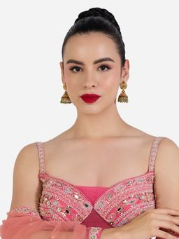 Zaveri Pearls - Green Pink Stones Beads Goddess Laxmi Temple Jhumka Earring