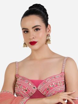 Zaveri Pearls - Pink Green Stones Lotus Design Dangling Pearls Jhumka Earring