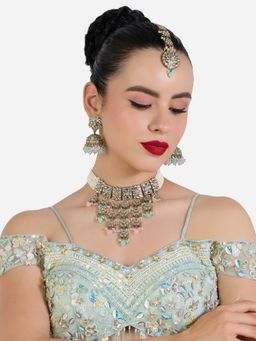 Zaveri Pearls - Pink Green Stone Beads Choker Necklace Earring Maangtikka Set