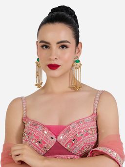 Zaveri Pearls - Green Stones Chain Fringe Kashmiri Ghungroo Dangler Earrings