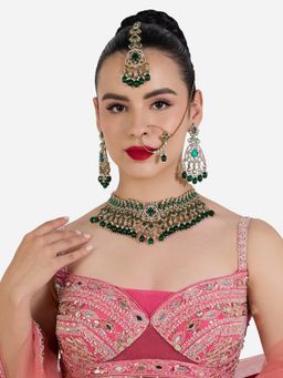 Zaveri Pearls - Green Stones Beads Necklace Earring Maangtikka Nose Ring Set