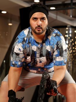 Instafab Plus - Men Royal Blue and Moon Grey Abstract Activewear T-Shirt