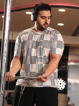 Instafab Plus - Men Ivory White Lines Activewear T-Shirt