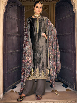 Stylee LIFESTYLE - Grey Velvet Embroidered Dress Material (Set of 3)