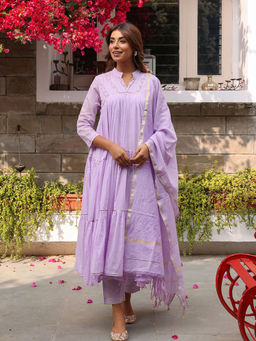 Bud & Tulip - Lilac Mayera Anarkali Kurta Pant and Dupatta (Set of 3)