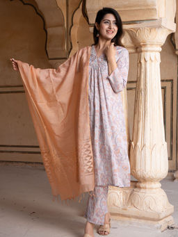 Bud & Tulip - Grey Ragini Kurta with Pant and Dupatta (Set of 3)