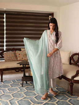 Bud & Tulip - Hand Crafted Pastel Ambi Wrap Angarkha Kurta Pant and Dupatta (Set of 3)