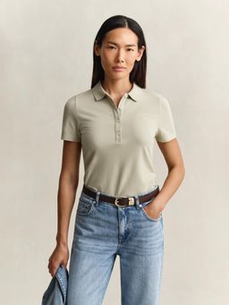 GANT - Womens Beige Slim Fit Pique Polo T-Shirt