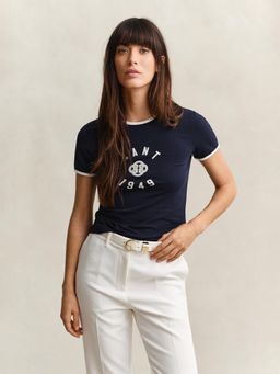 GANT - Womens Navy Blue Logo Slim Fit Crew Neck T-Shirt