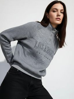 Outzidr - Grey Typography Half Buttoned Sweatshirt