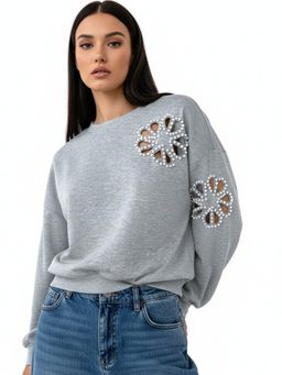 Outzidr - Grey Full Sleeve Flower Cut-Out Sweatshirt