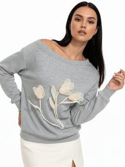 Outzidr - Grey One Shoulder Applique Sweatshirt