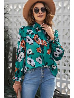 Errabelly - Green Floral Print Smocked Mock Neck Blouse Top