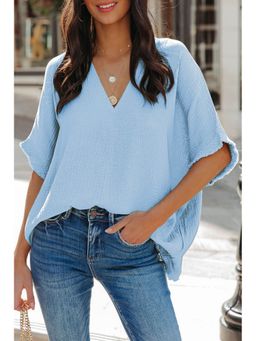Errabelly - Blue Frayed Batwing Sleeve Textured Cotton Blouse Top
