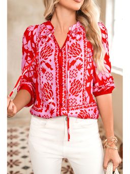 Errabelly - Strawberry Pink Floral Print Tie Neck Button Decor Blouse Top