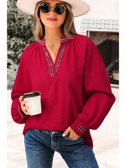 Errabelly - Racing Red Leopard Jacquard Textured Blouse Top
