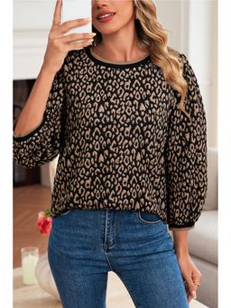 Errabelly - Black Leopard Print Puffy Bracelet Sleeve Contrast Trim Round Neck Top