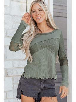 Errabelly - Sage Green Solid Colour Waffle Ribbed Lace Patchwork Long Sleeve Top
