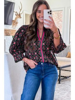 Errabelly - Black Bracelet Sleeve Vintage Floral Blouse Top