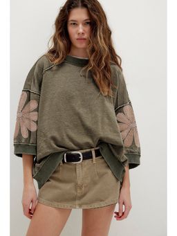 Errabelly - Green Breen Mineral Wash Raw Seam Patchwork Flower Patched Oversize Top