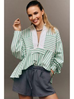 Errabelly - Green Stripe Half Zip Long Sleeve Swing Top