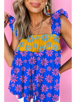 Errabelly - Blue Floral Colo block Flutter Straps Flowy Tank Top